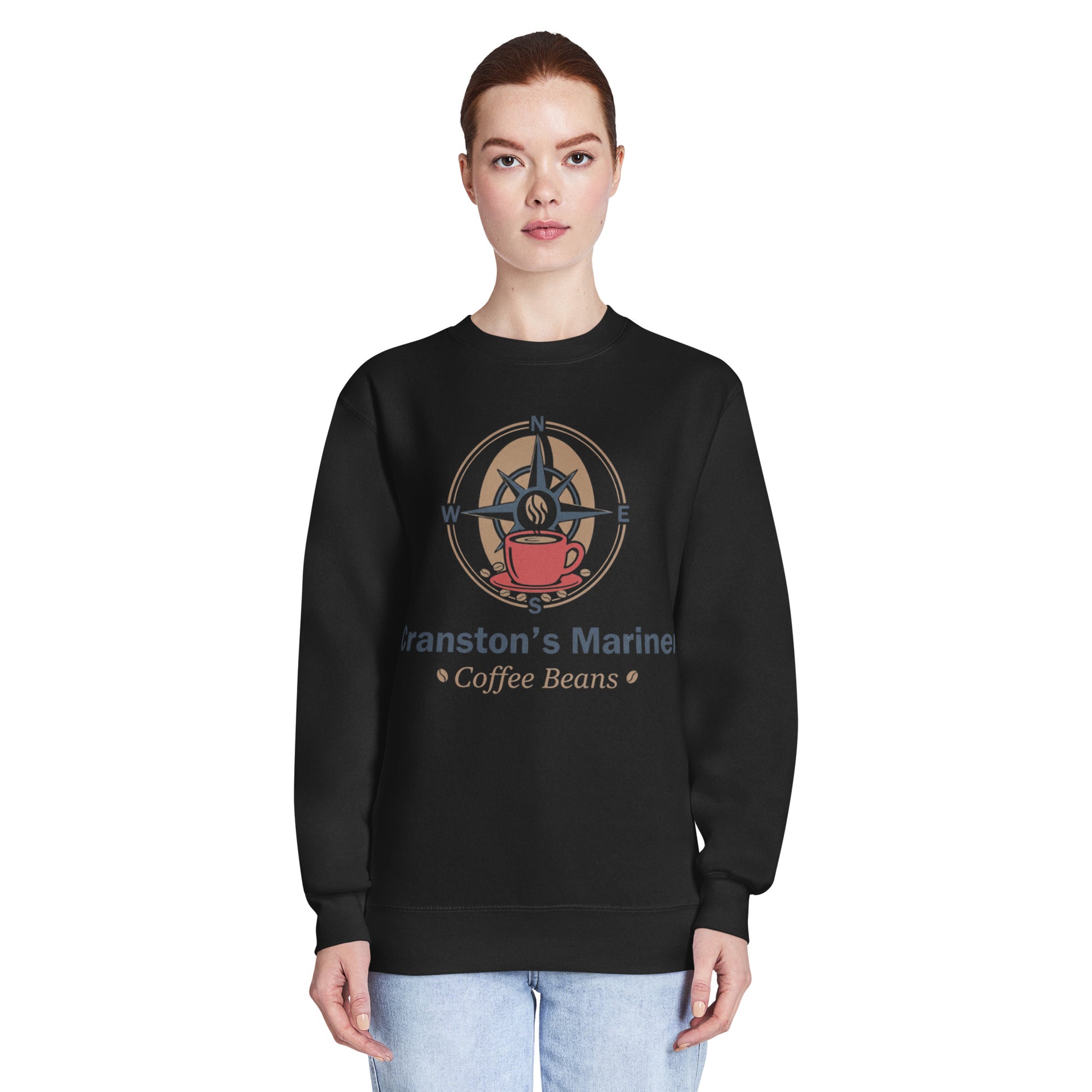 Black crew neck sweatshirt with front graphic print