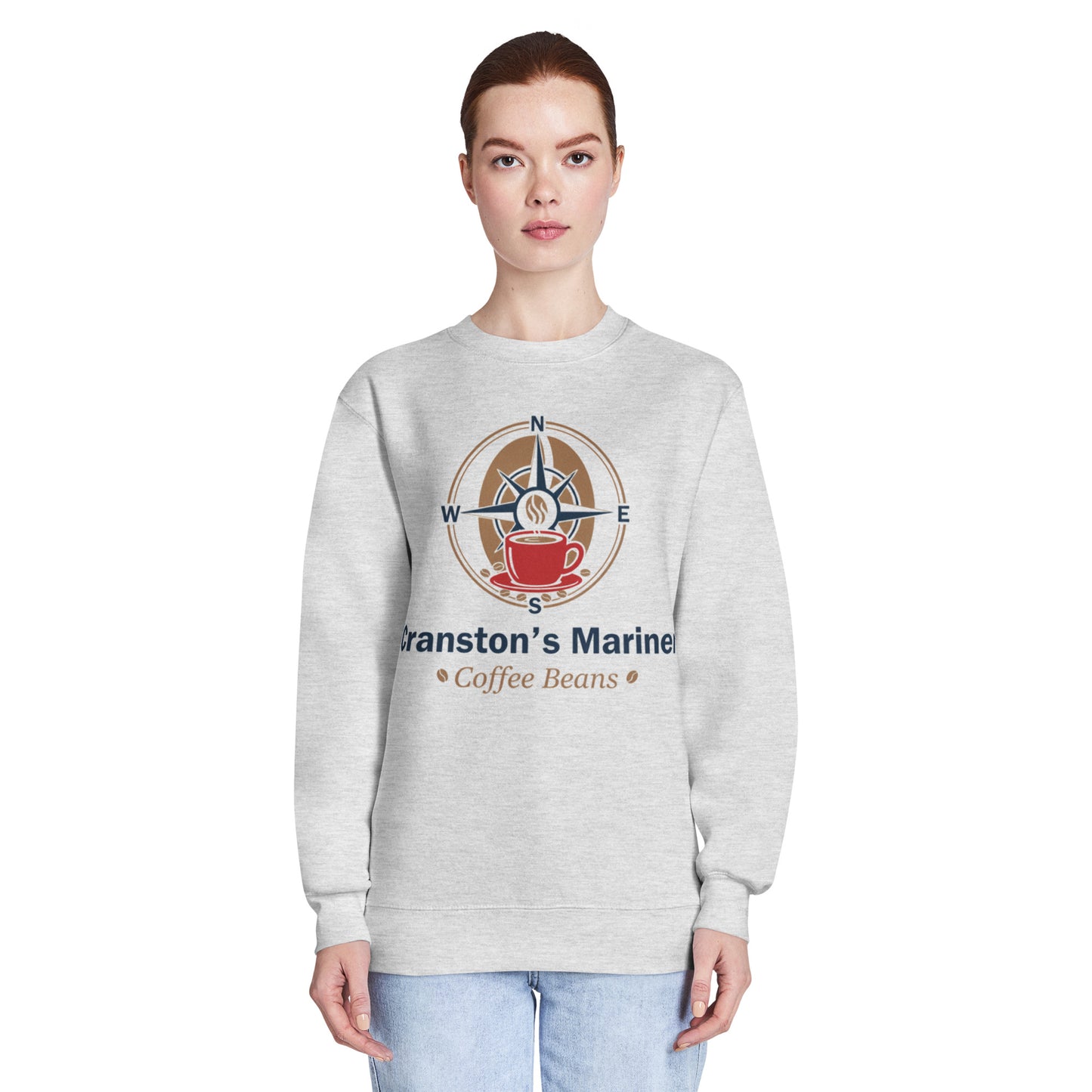 Light heather grey crew neck sweatshirt with front graphic print