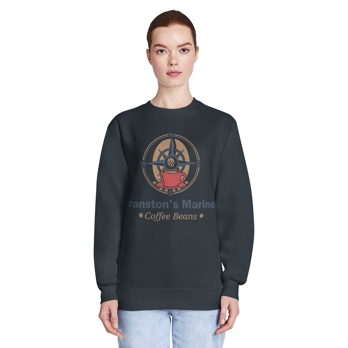 Navy crew neck sweatshirt with front graphic print