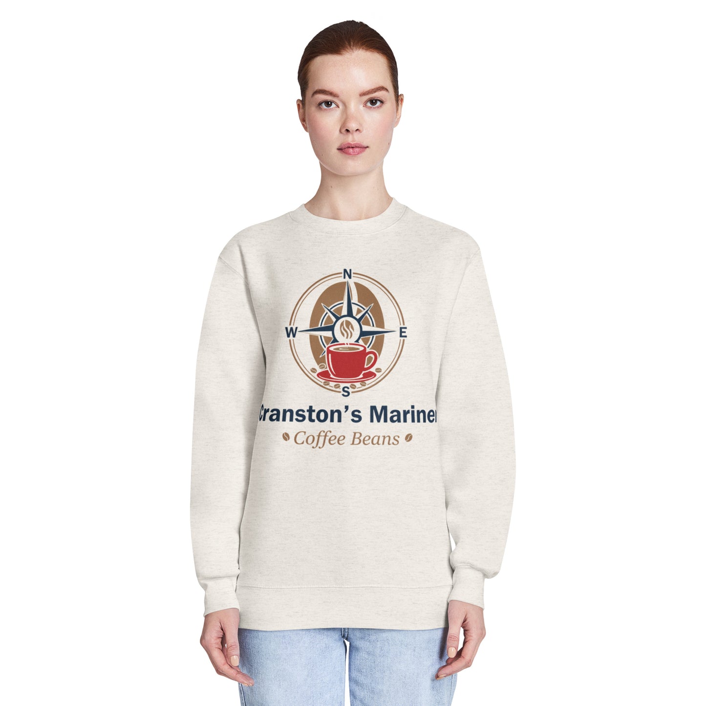 Oatmeal crew neck sweatshirt with maritime compass graphic, long sleeves