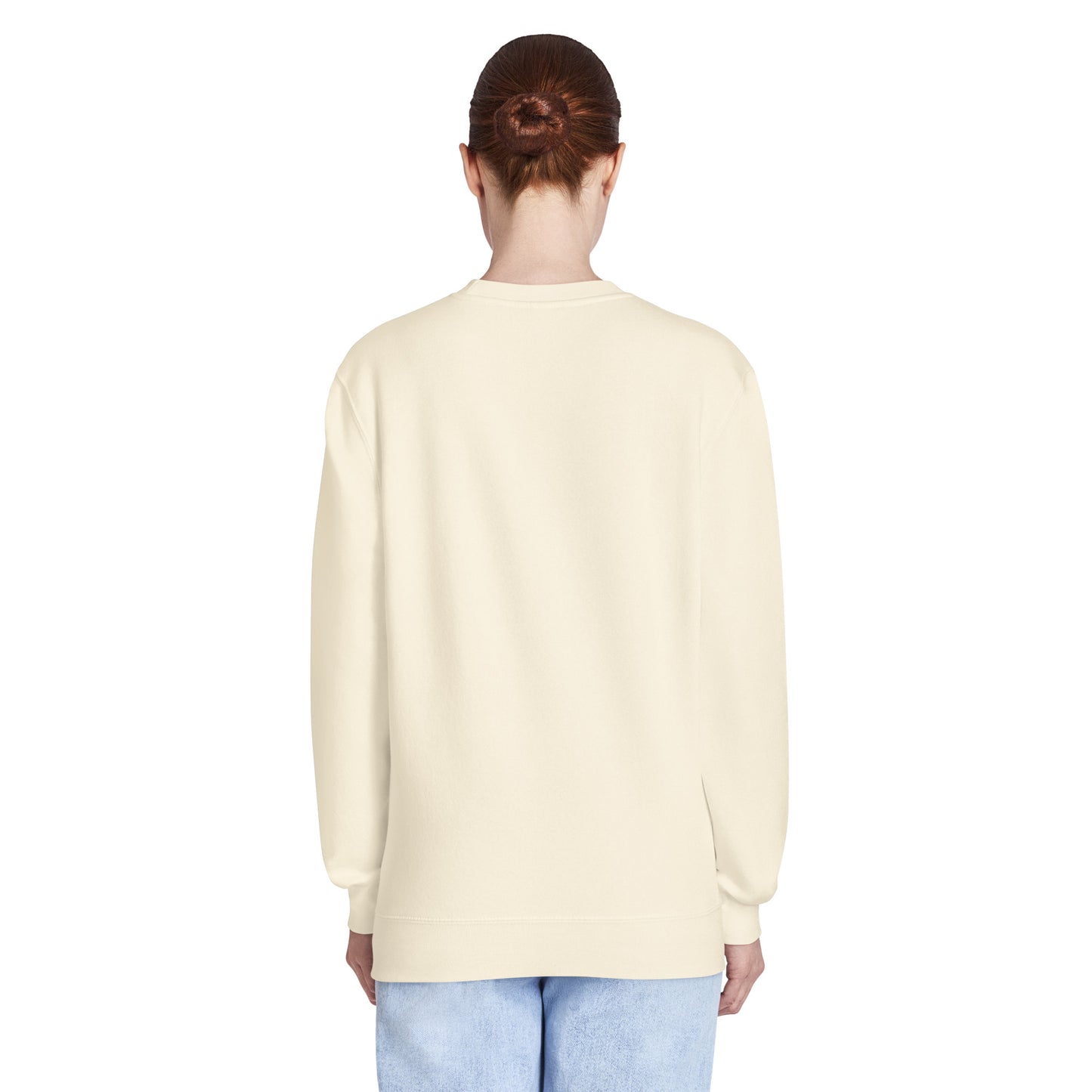 Oatmeal crew neck sweatshirt, back view, long sleeves with ribbed cuffs