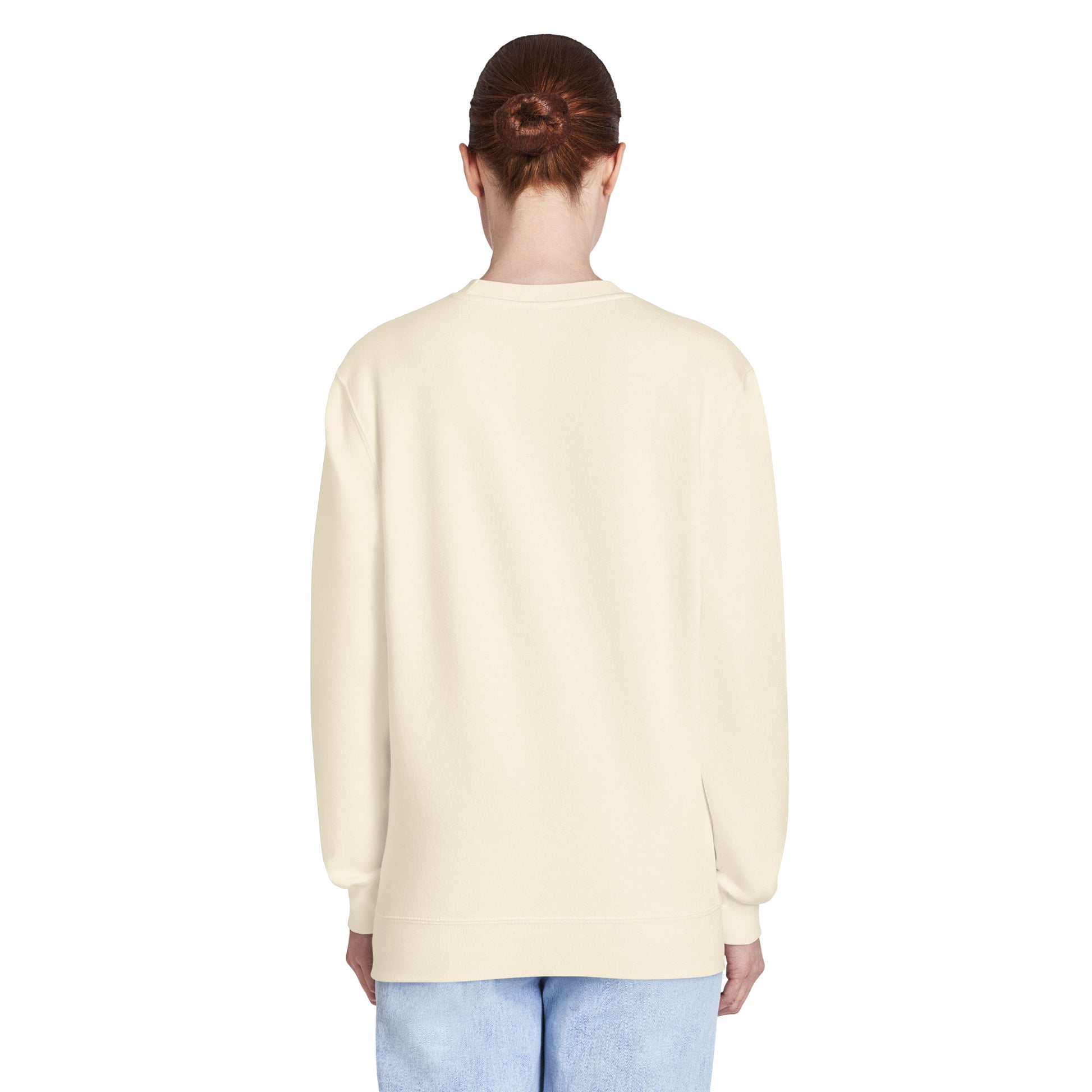 Oatmeal crew neck sweatshirt, back view, long sleeves with ribbed cuffs