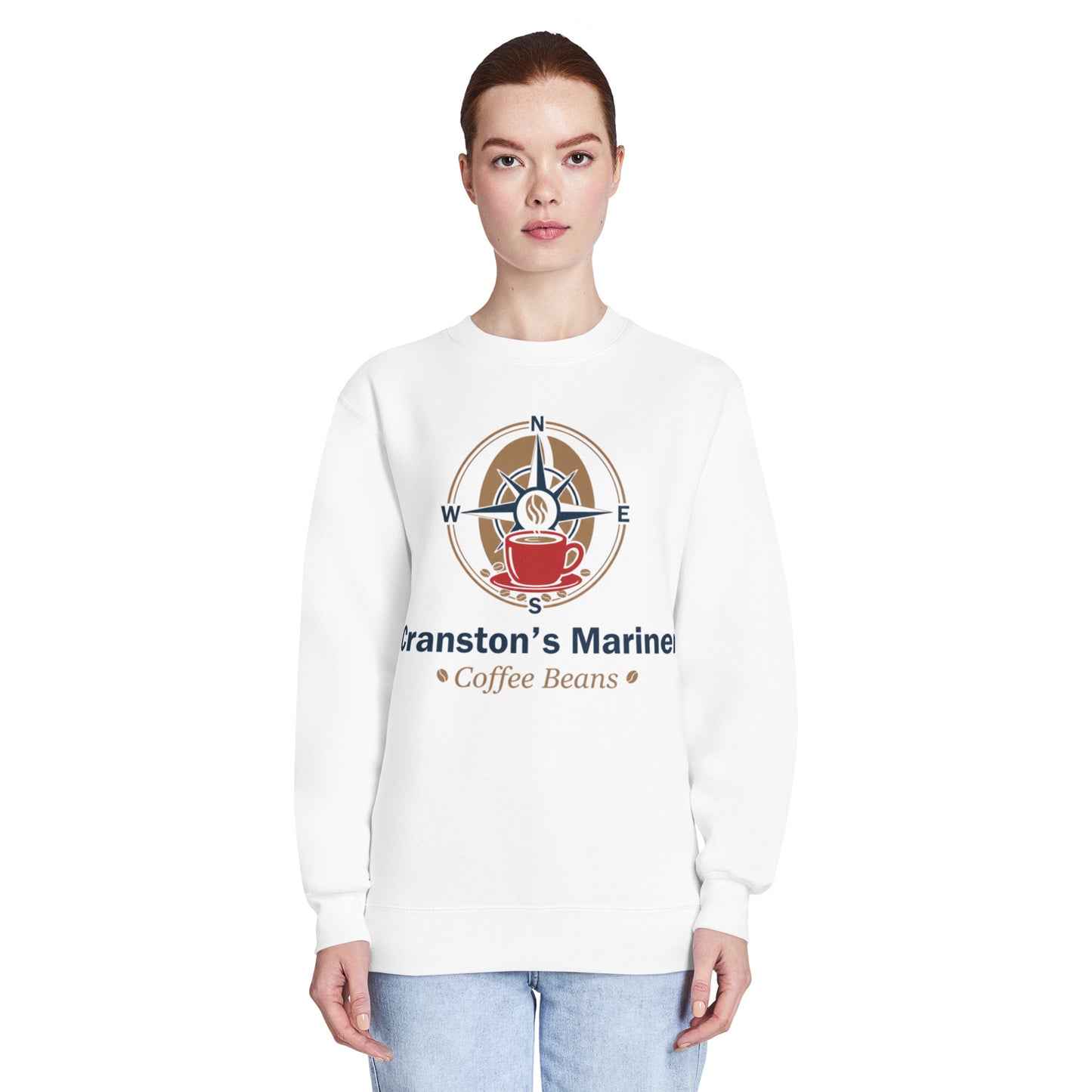 White crew neck sweatshirt with front graphic print