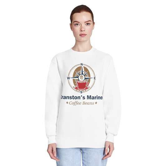White crew neck sweatshirt with front graphic print