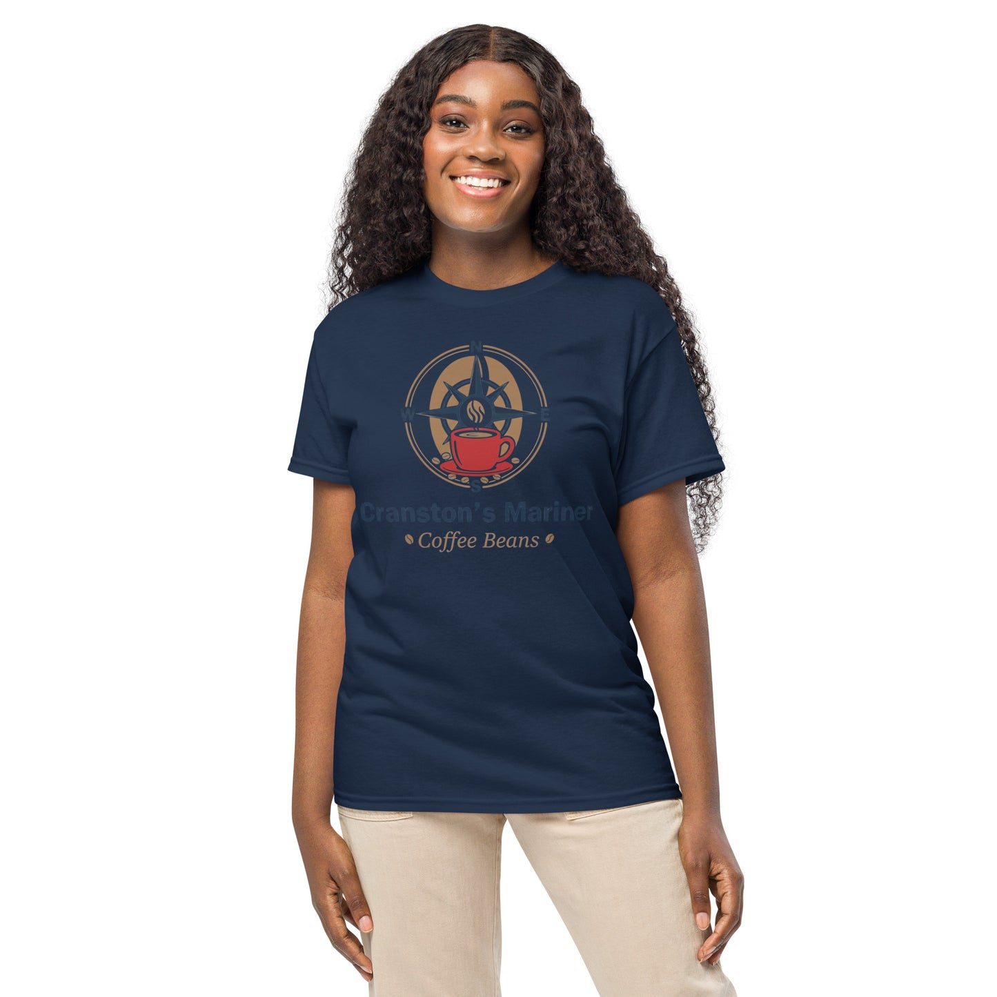 DryBlend T-shirt, navy blue with front coffee emblem graphic and crew neck