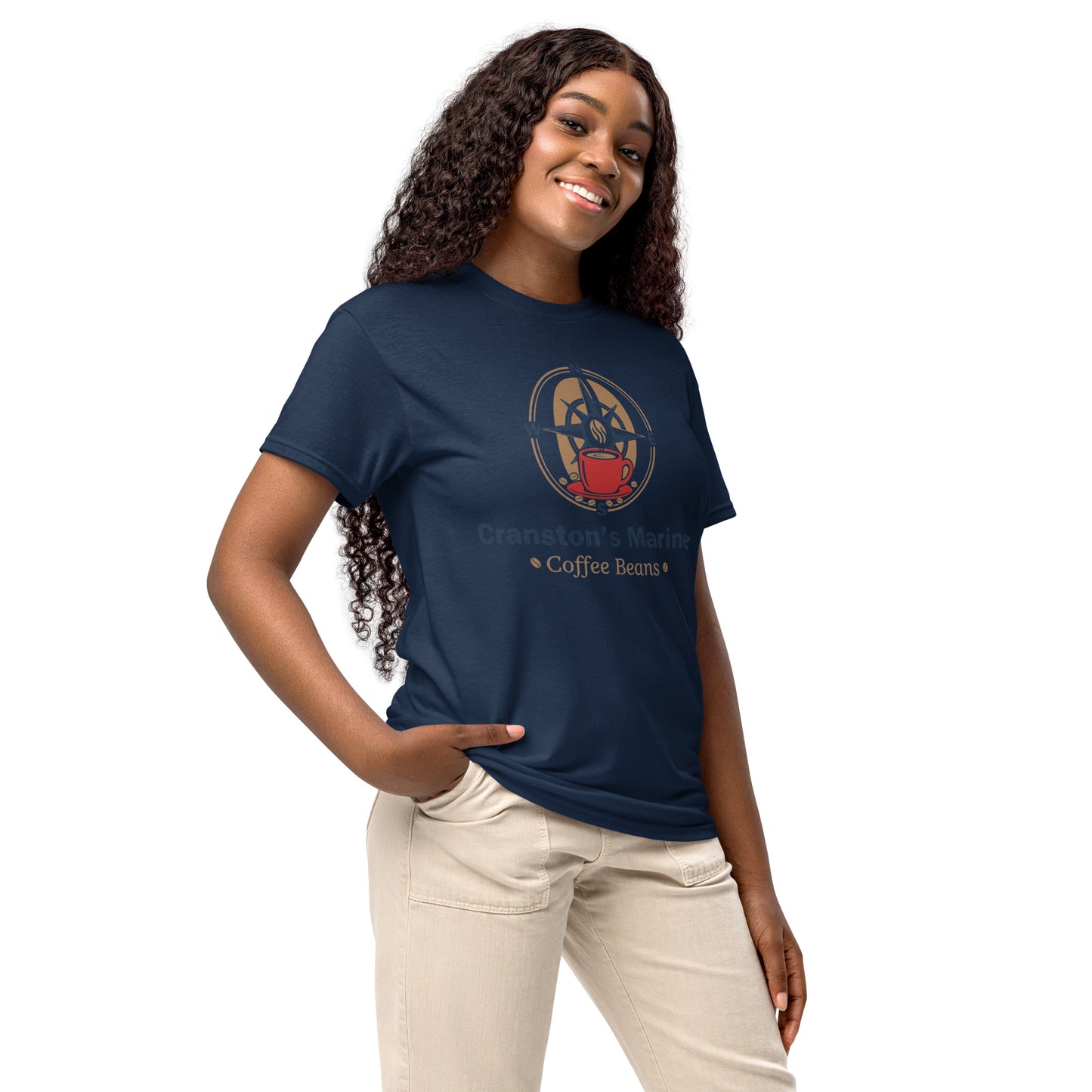 DryBlend T-shirt, navy blue with front coffee emblem graphic, short sleeve tee
