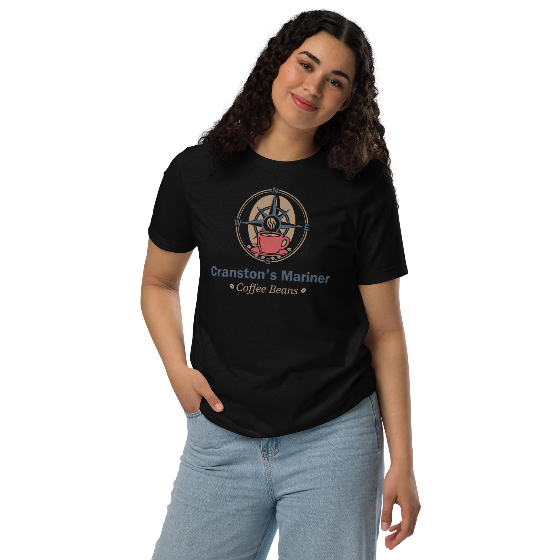 Unisex eco T-shirt, black with front compass and Coffee Beans graphic