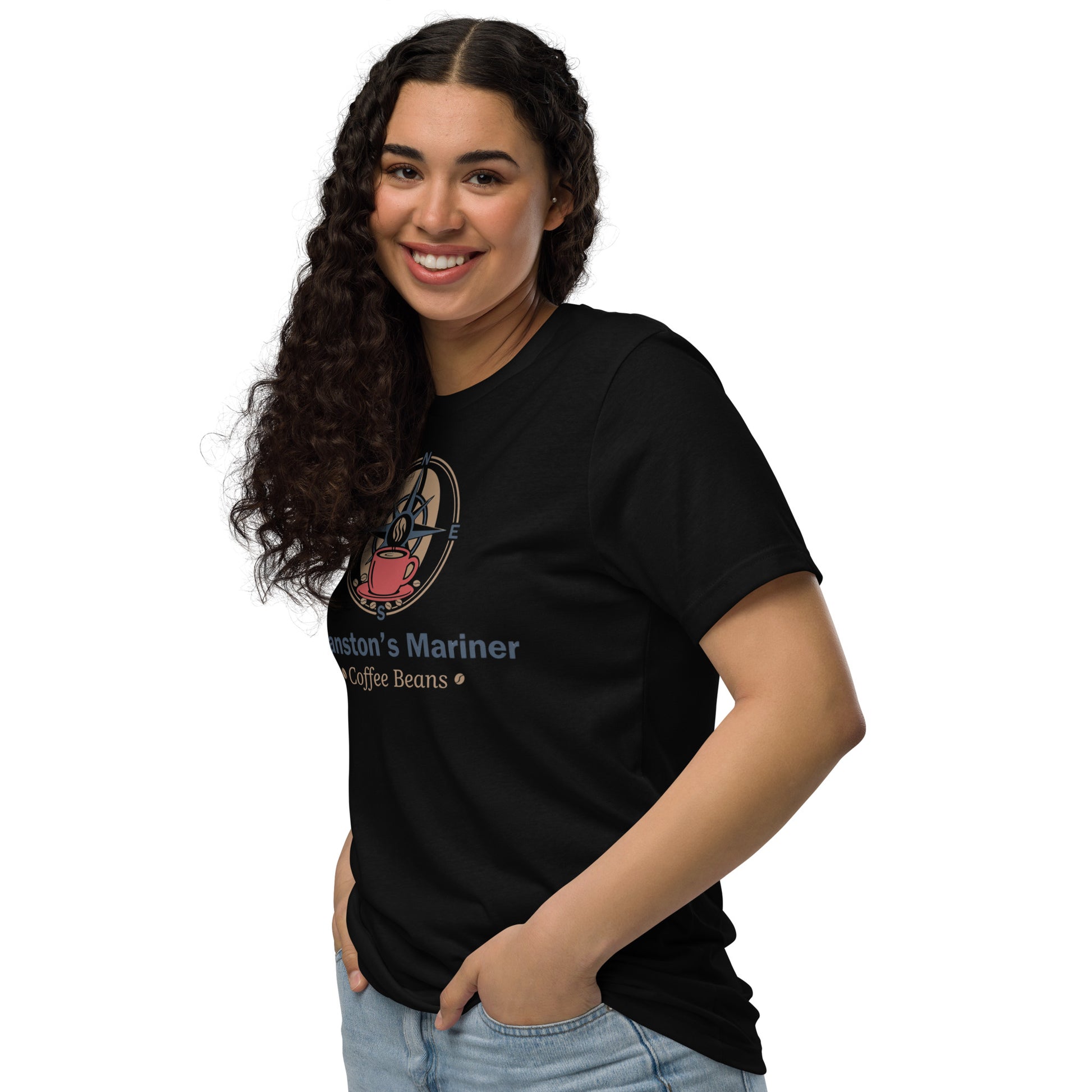 Unisex eco T-shirt, black with large front emblem and Coffee Beans text