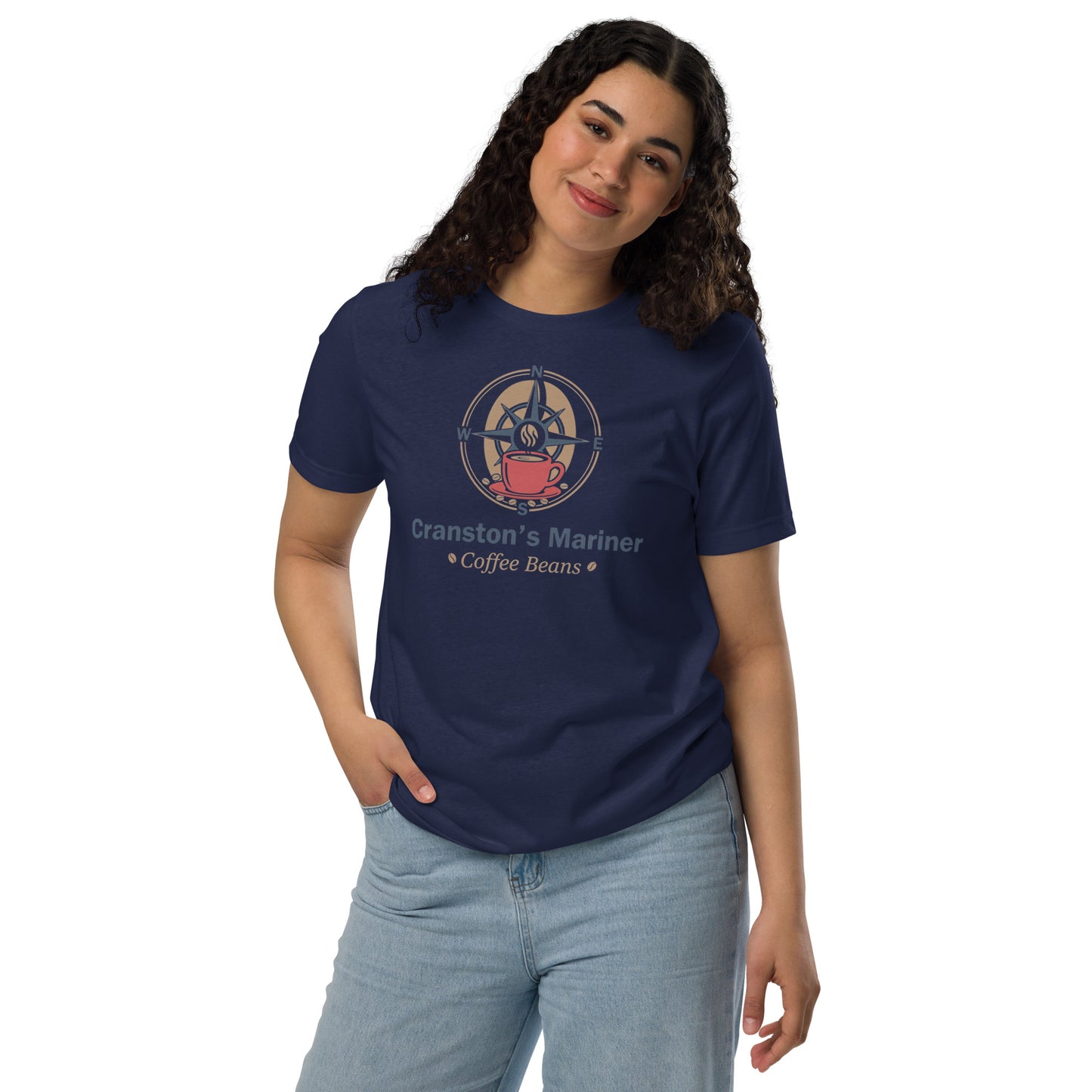 Unisex eco T-shirt, navy with front compass and Coffee Beans graphic