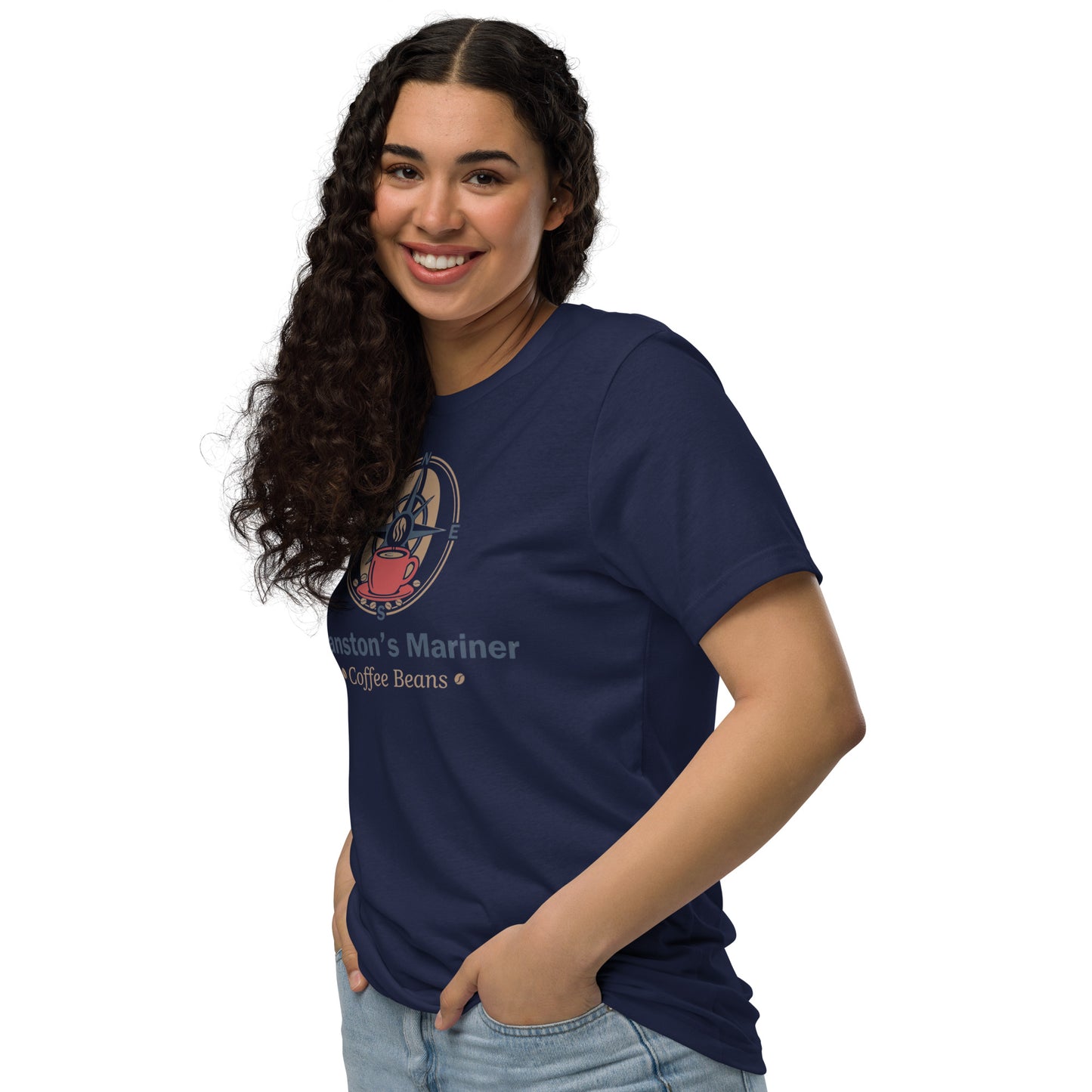 Unisex eco T-shirt, navy with large front emblem and Coffee Beans text