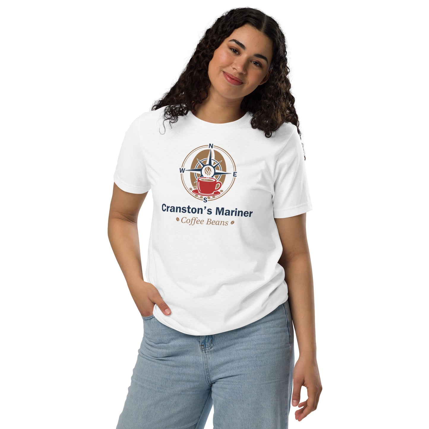 Unisex eco T-shirt, white with front compass and Coffee Beans graphic