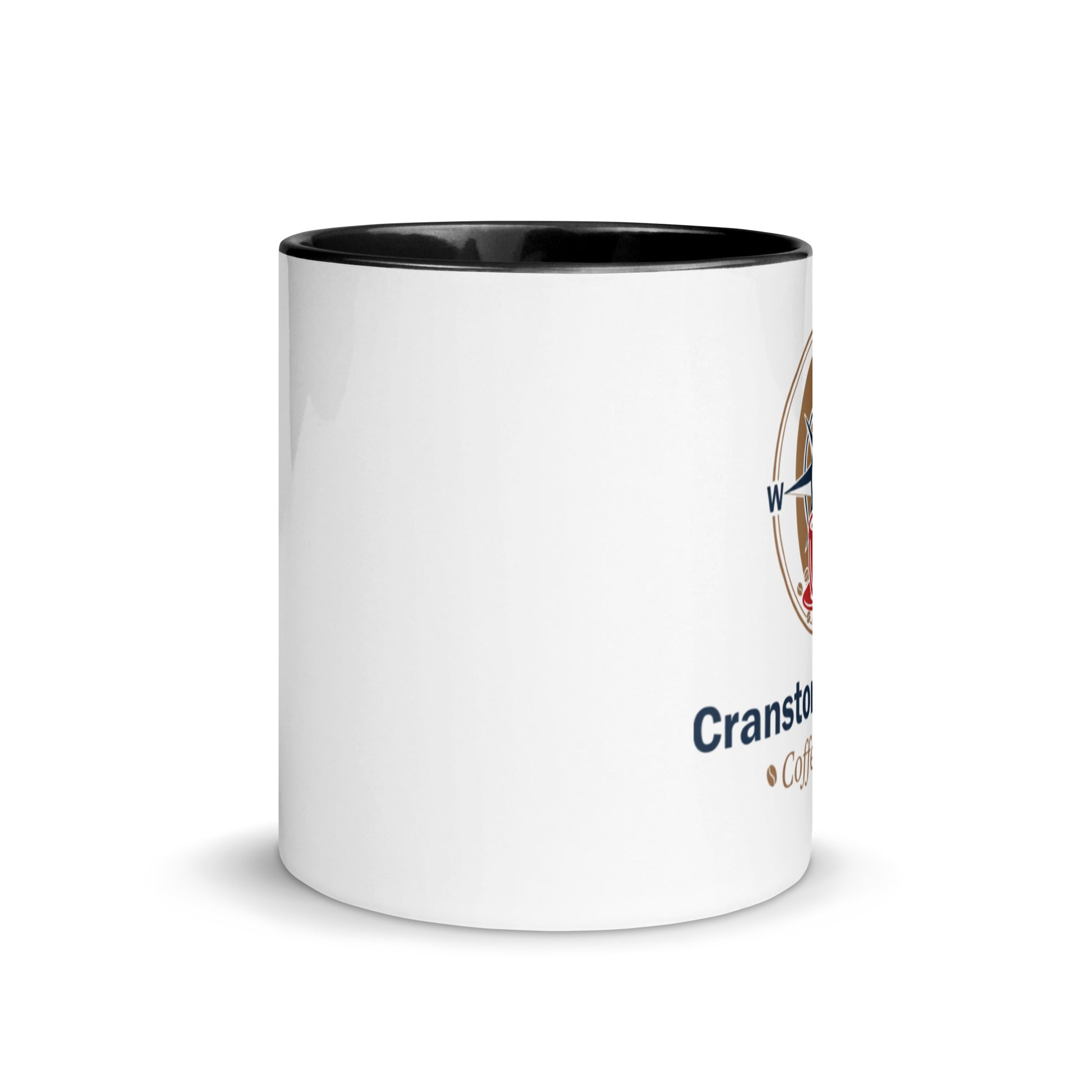 White ceramic mug with black interior, side view with partial printed logo.