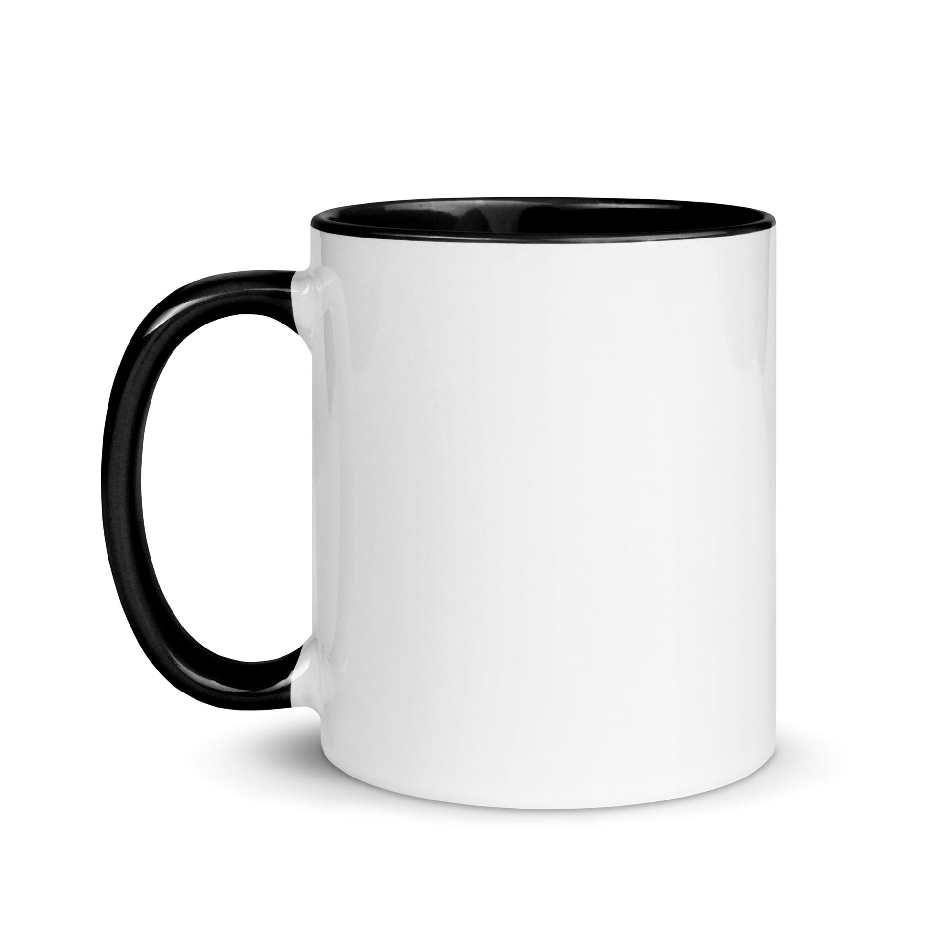 White ceramic mug with black interior and black handle, front angled view.