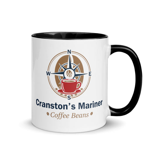 White ceramic mug with black interior and handle, front logo and text graphic.