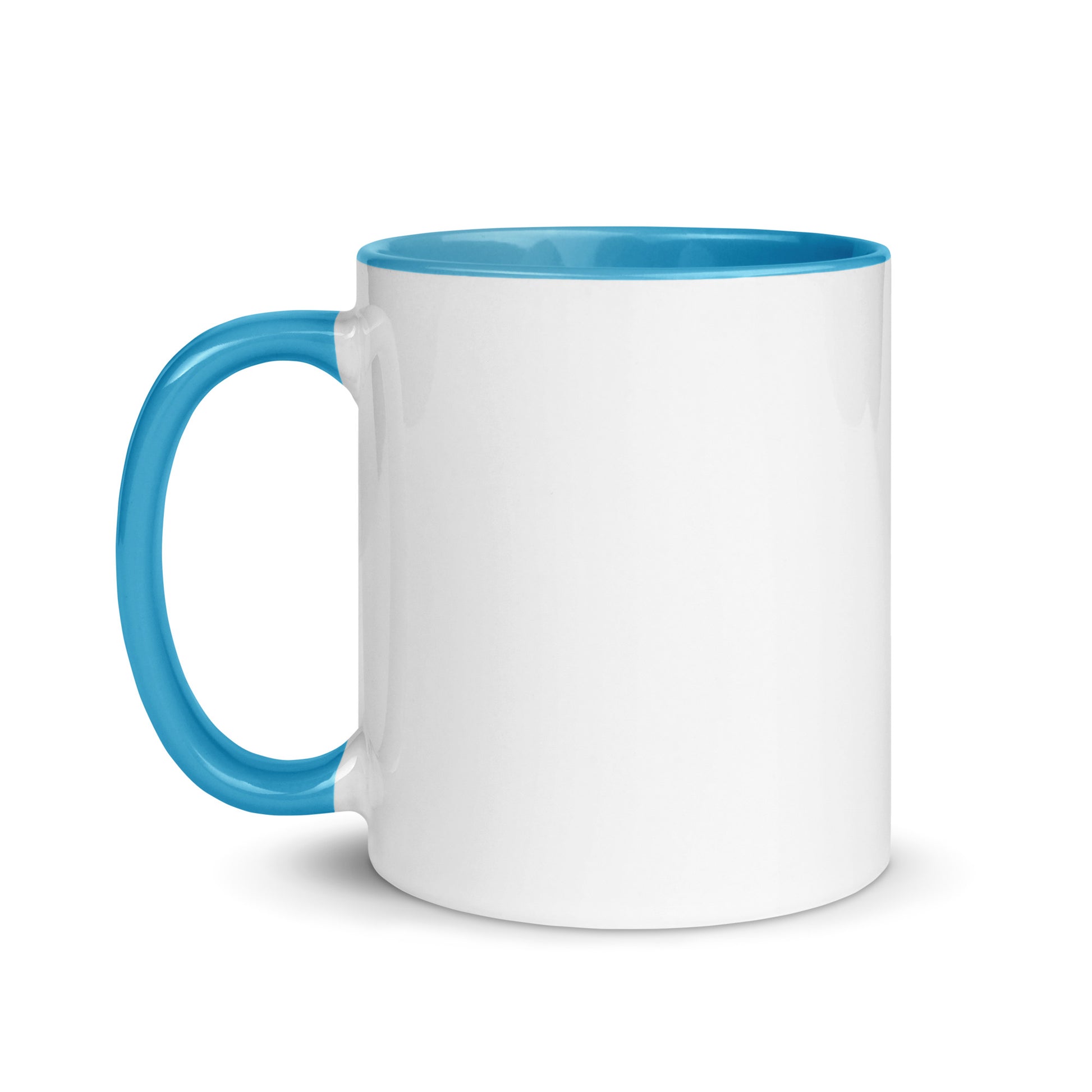 White ceramic mug with blue interior and blue handle.