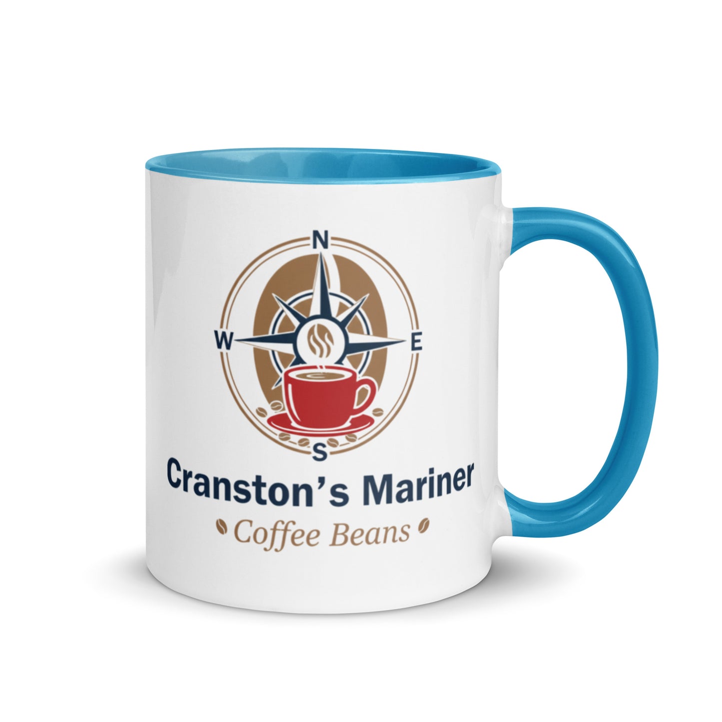 White ceramic mug with blue interior and handle, Cranston's Mariner Coffee Beans print