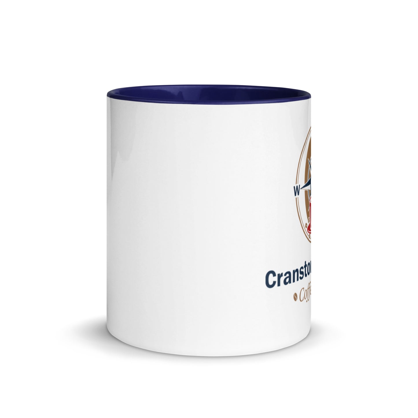 White ceramic mug with dark blue interior, side view showing partial printed logo.