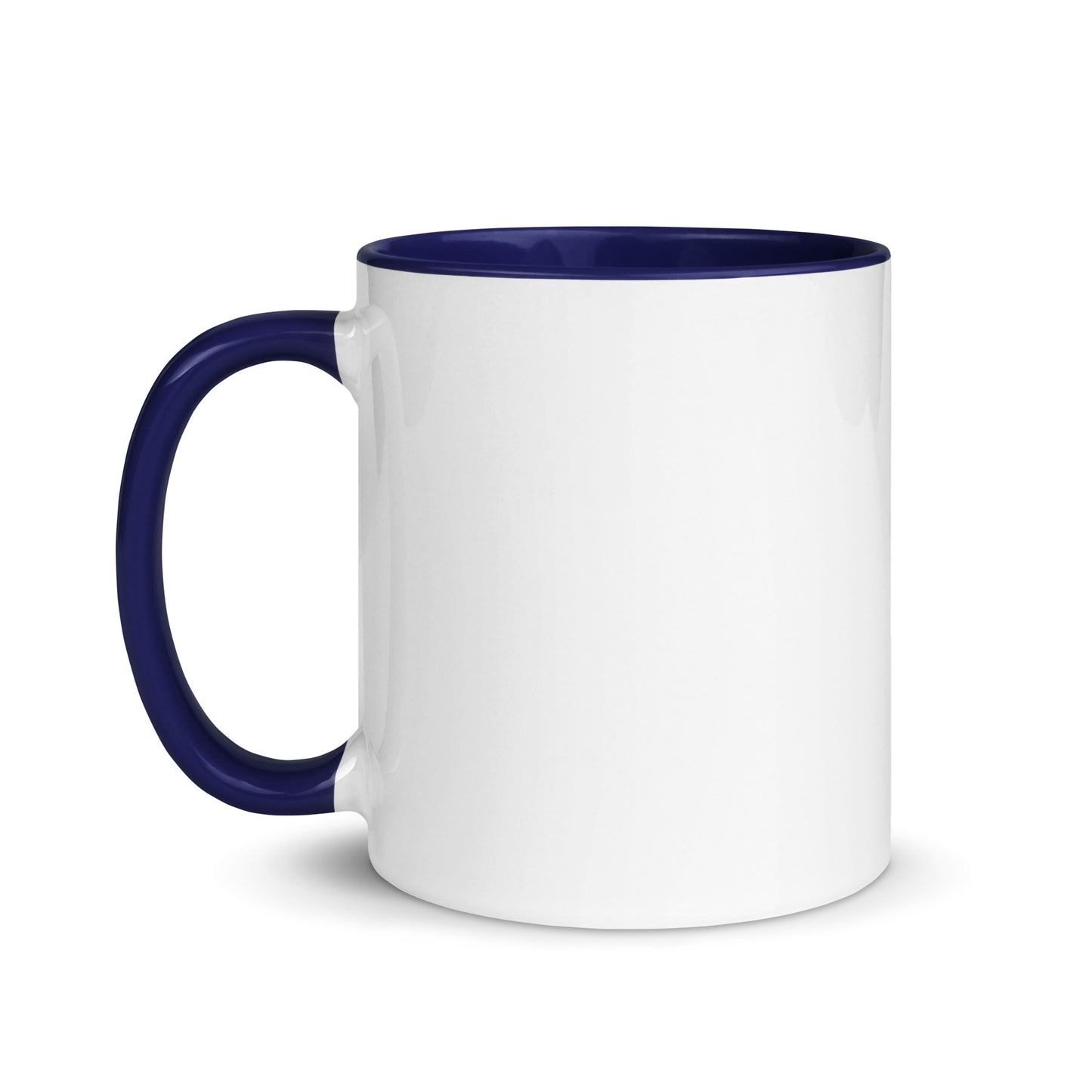 White ceramic mug with dark blue interior and dark blue handle, front angled view.