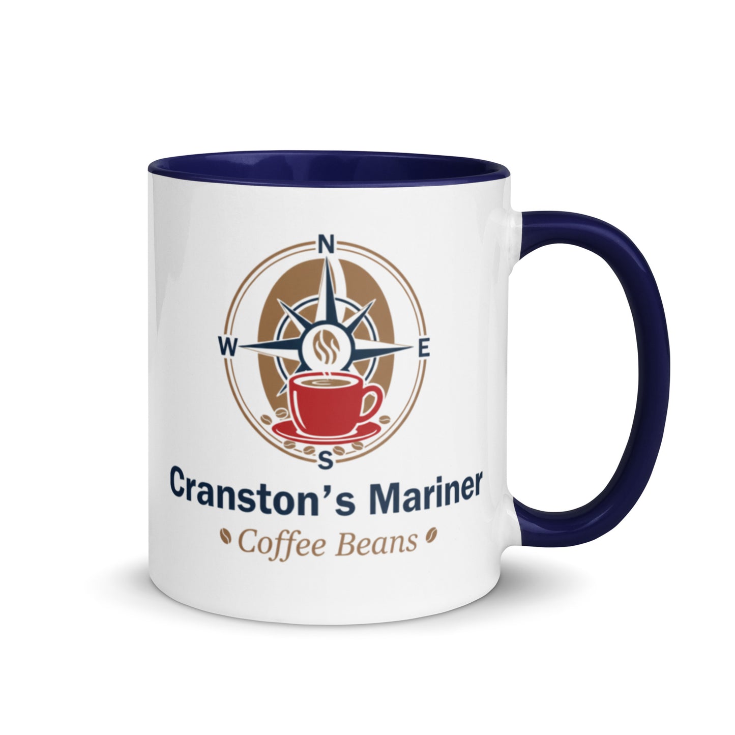 White ceramic mug with dark blue interior and handle, front logo and text graphic.