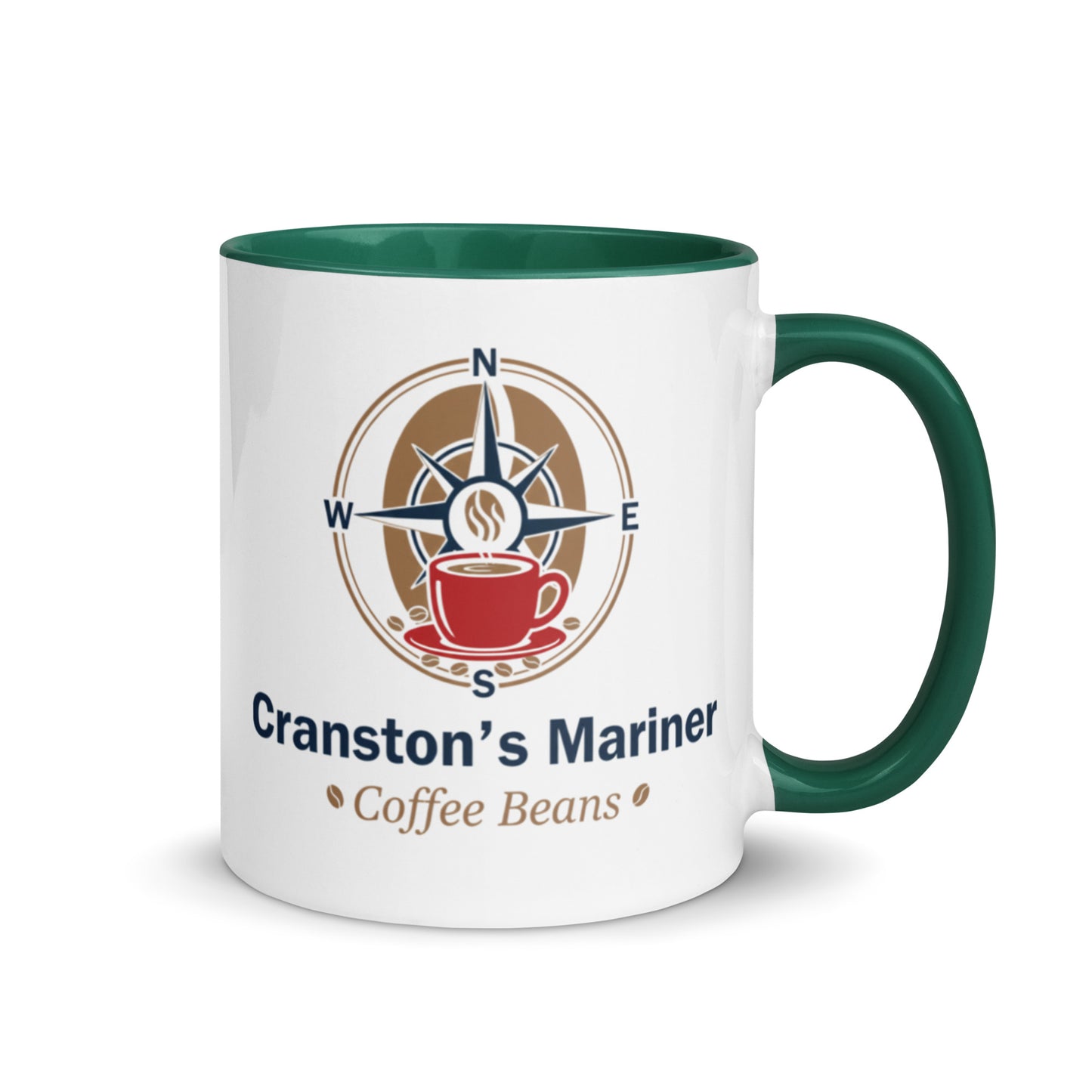 White ceramic mug with green interior and handle, Cranston's Mariner Coffee Beans print