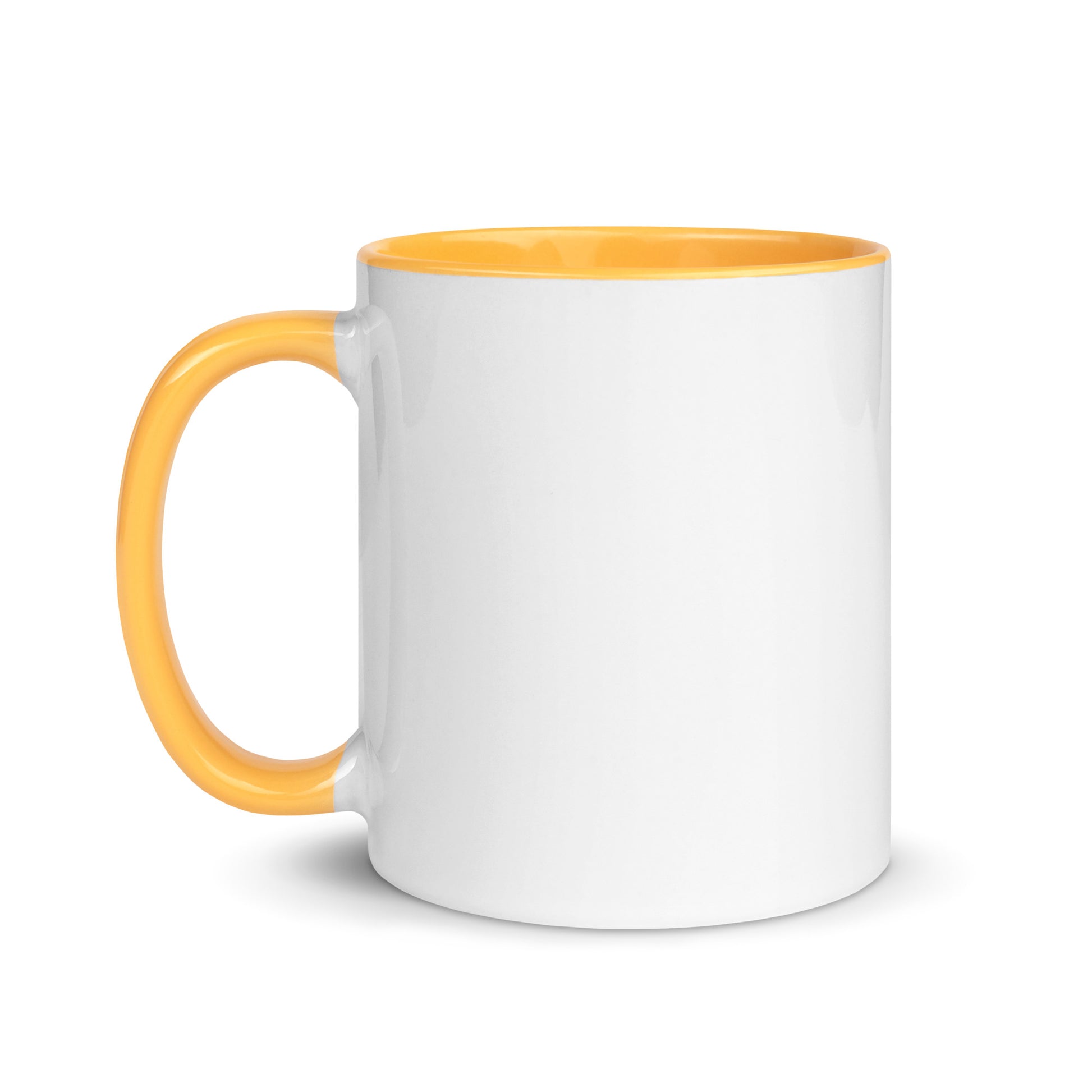 White ceramic mug with orange interior and orange handle.