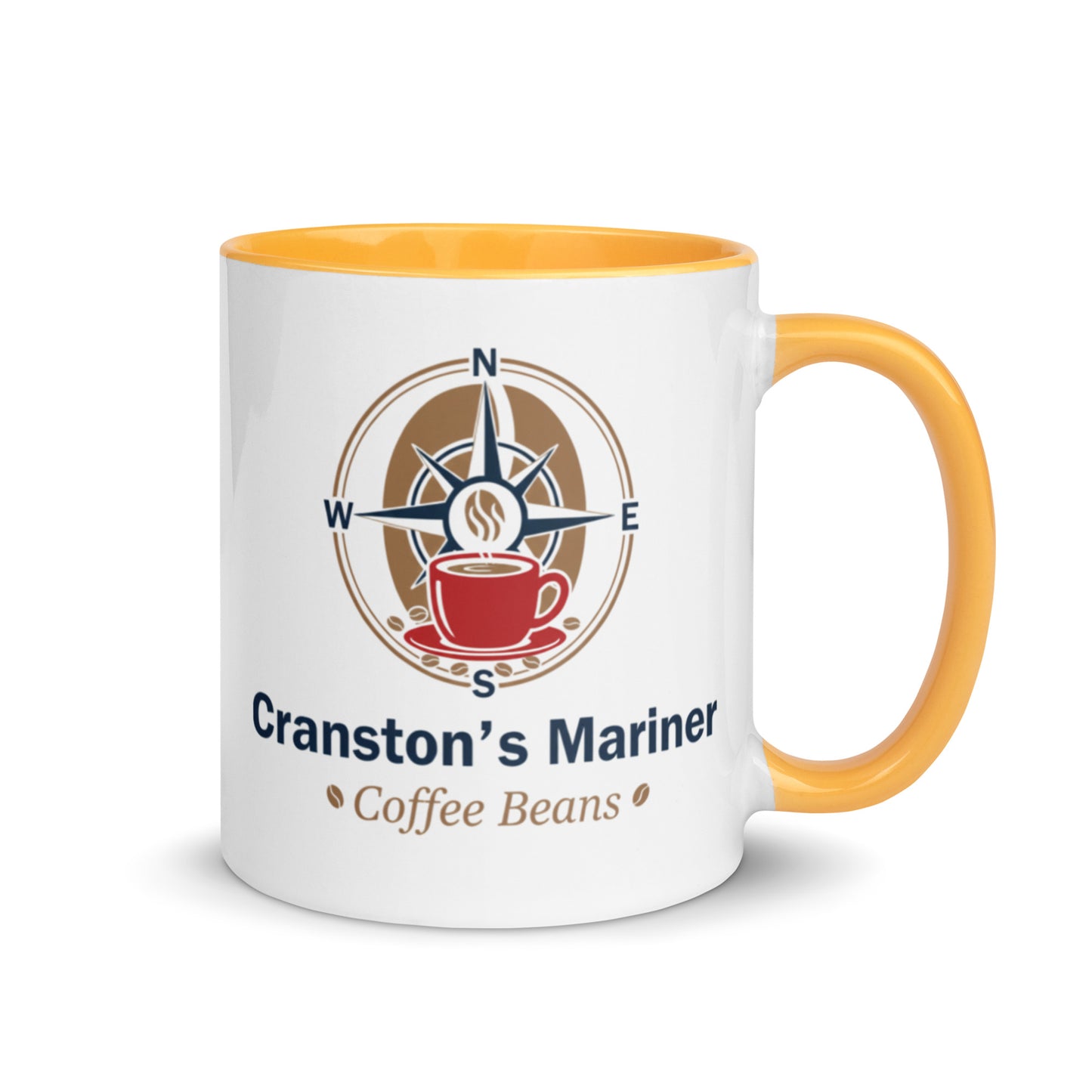 White ceramic mug with orange interior and orange handle, Cranston's Mariner logo.