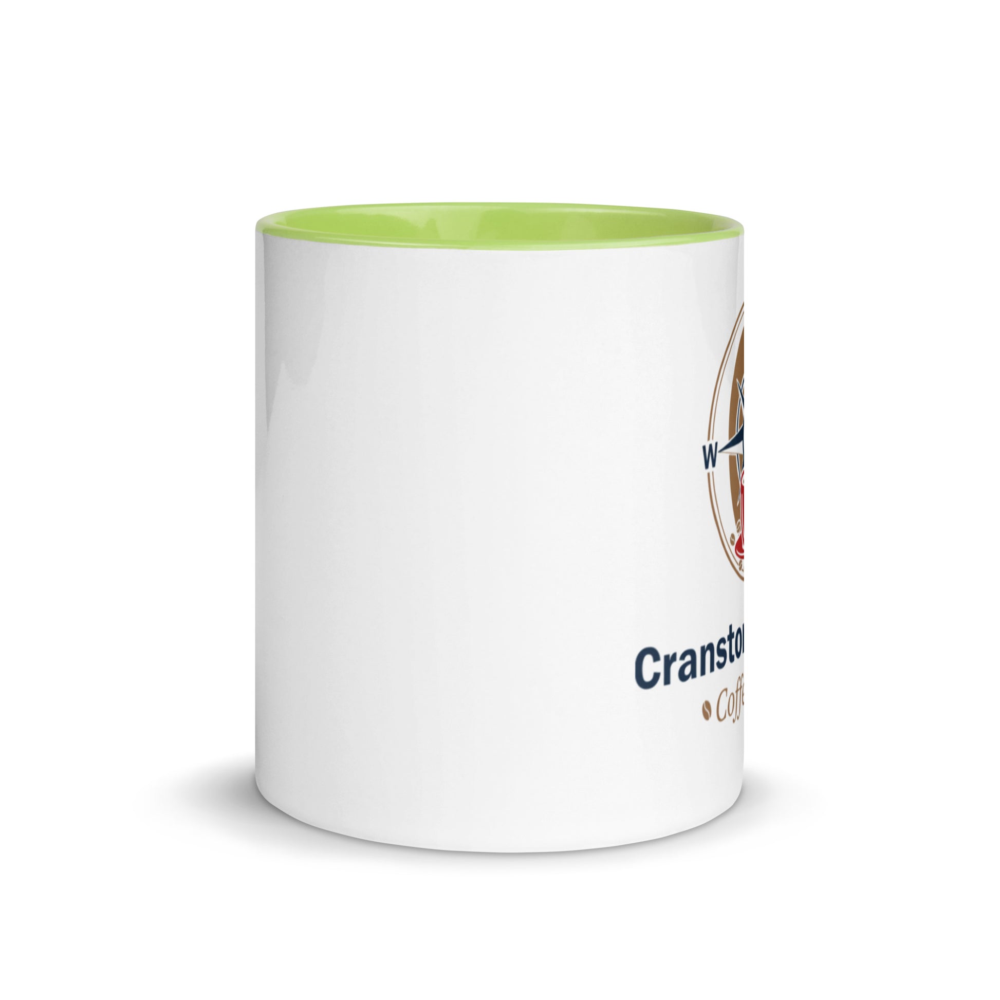 White ceramic mug with green interior; partial printed logo on the side.