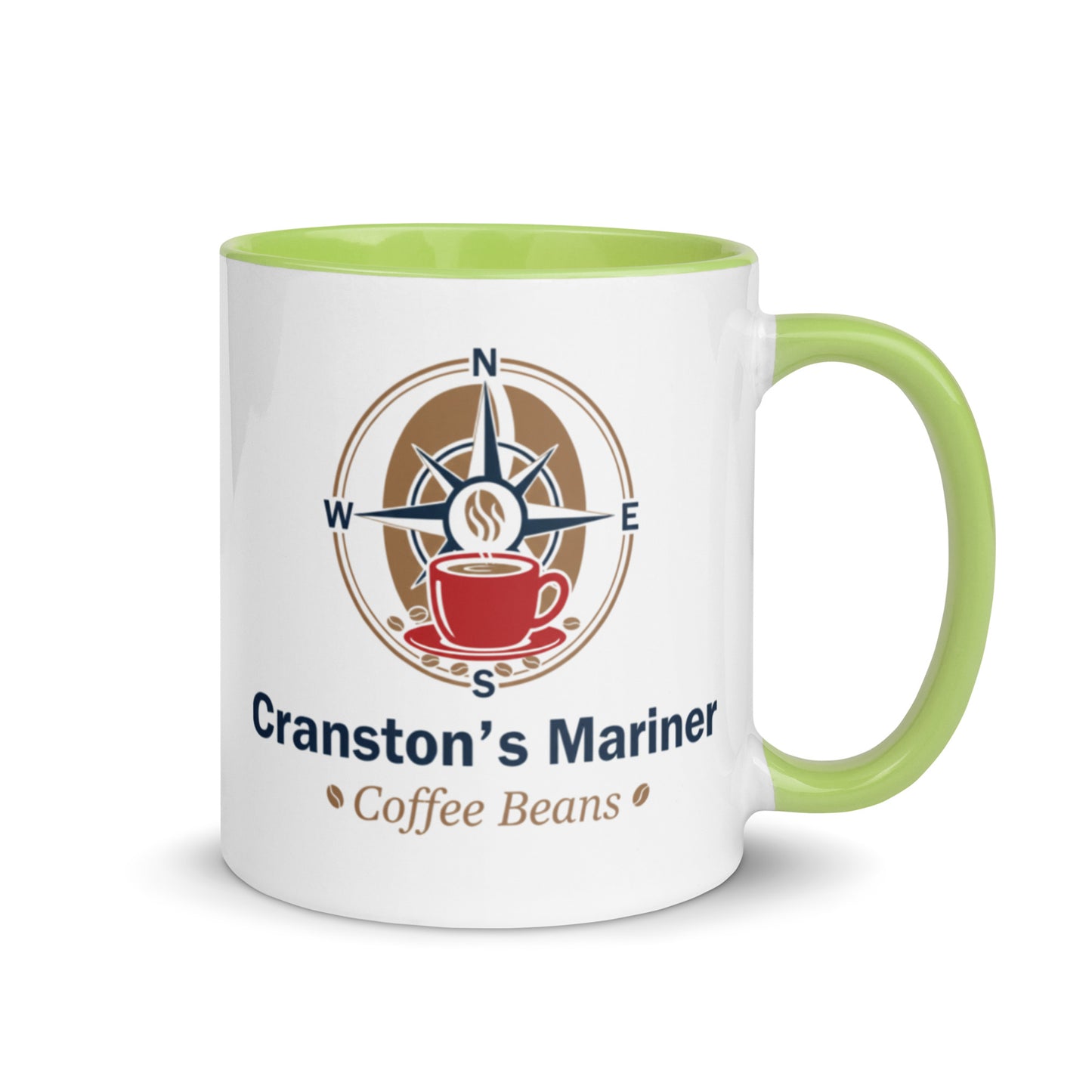 White ceramic mug with green interior and green handle, Cranston's Mariner logo.