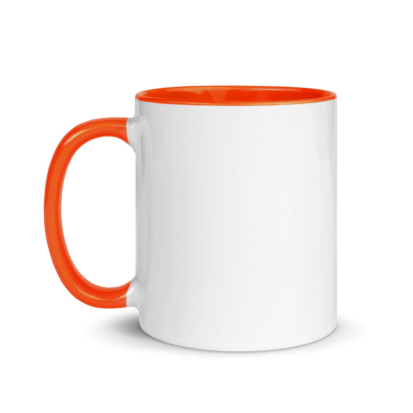 White ceramic mug with orange interior and orange side handle