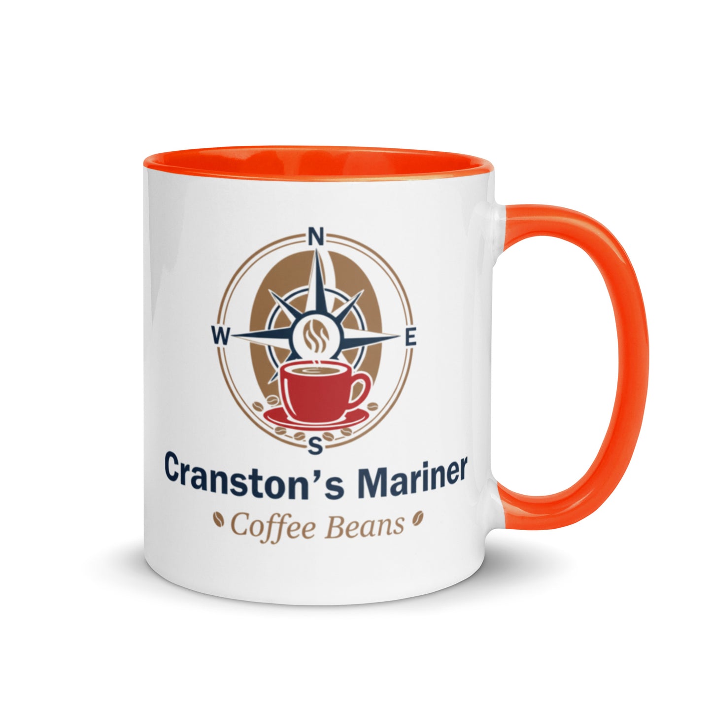 White ceramic mug with orange interior and orange side handle, Cranston's Mariner print