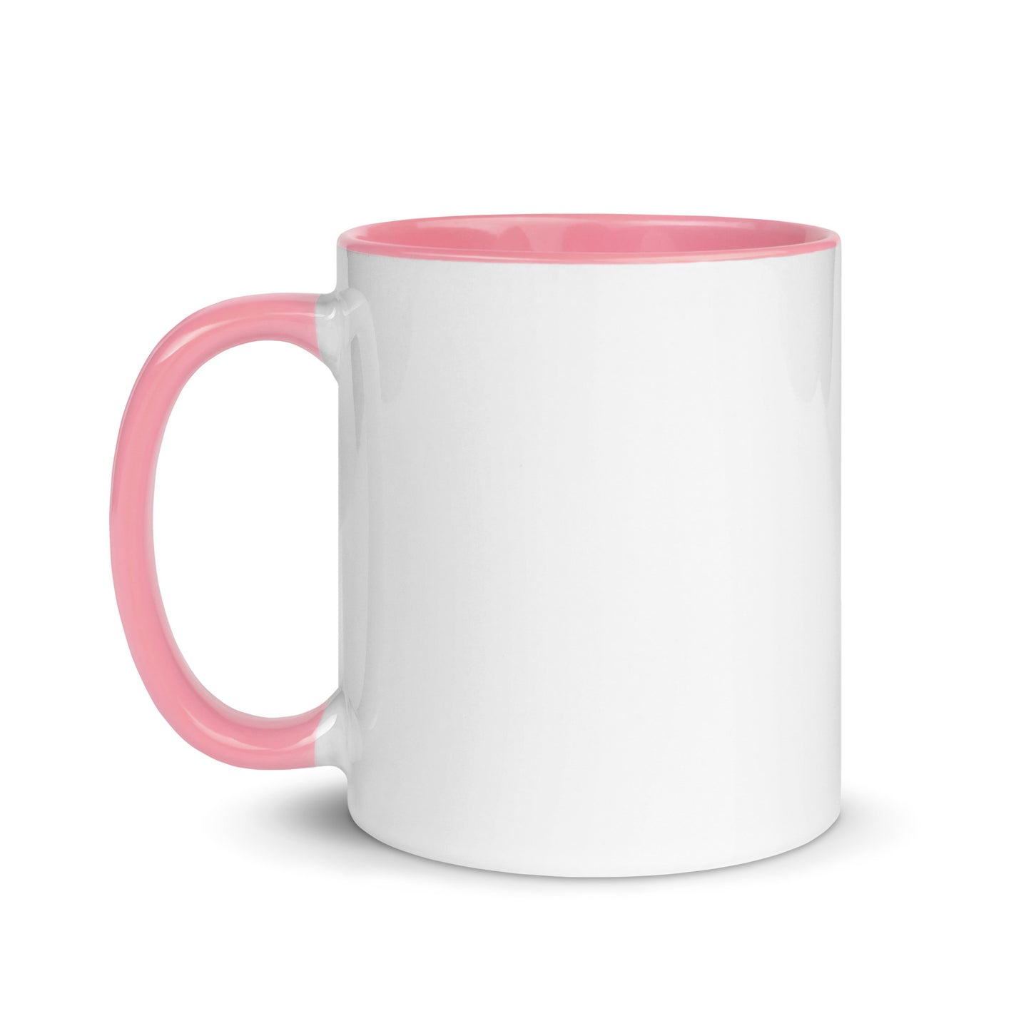White ceramic mug with pink interior and pink handle.