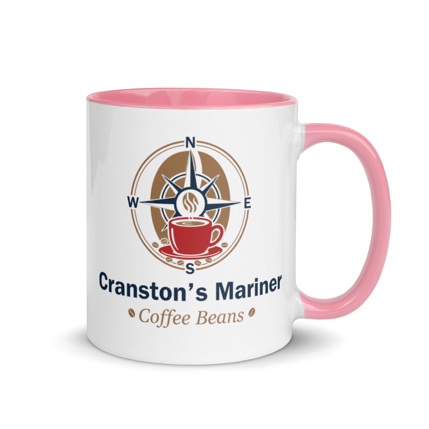 White ceramic mug with pink interior and pink handle, Cranston's Mariner logo.