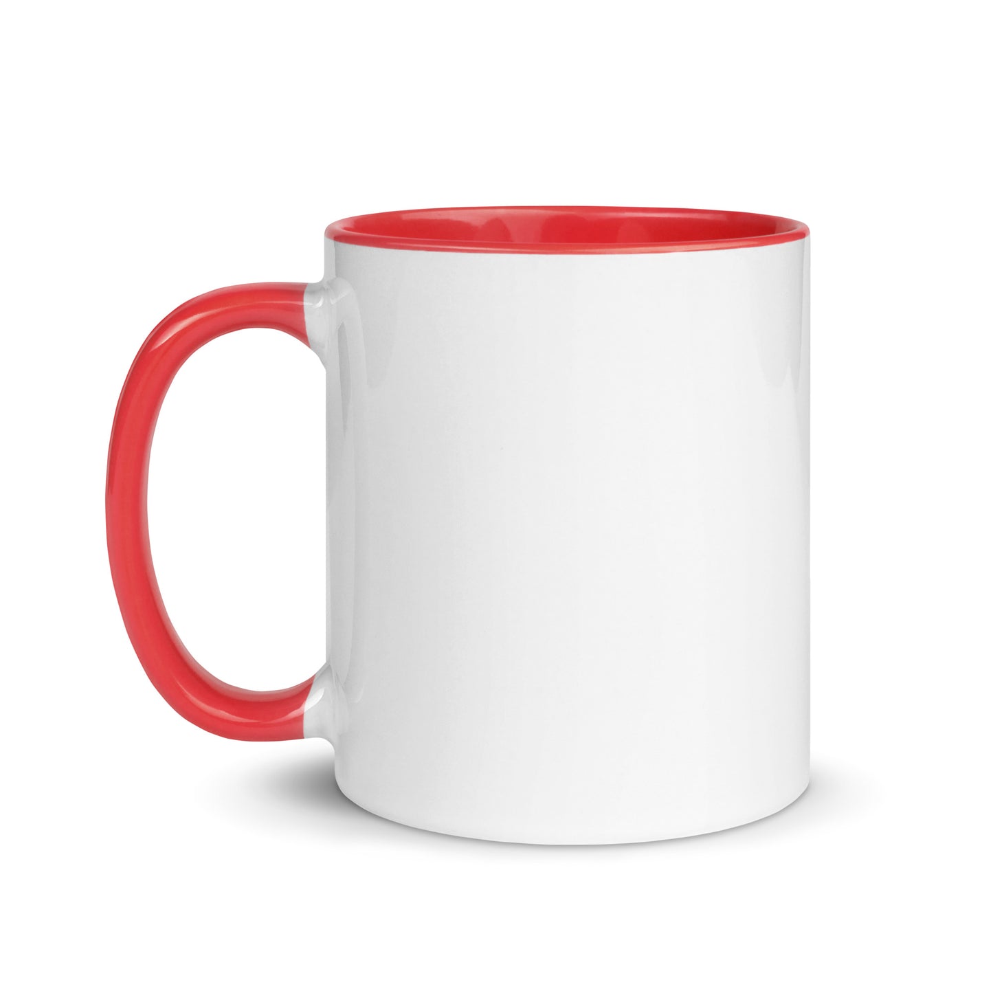 White ceramic mug with red interior and red side handle
