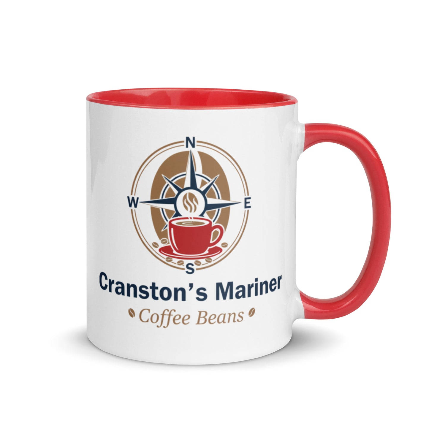 White ceramic mug with red interior and handle, front logo and text graphic.