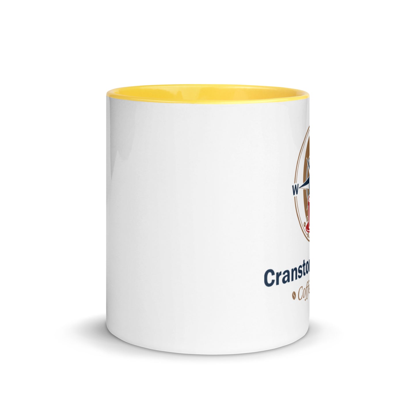 White ceramic mug with yellow interior, side view showing partial printed logo.
