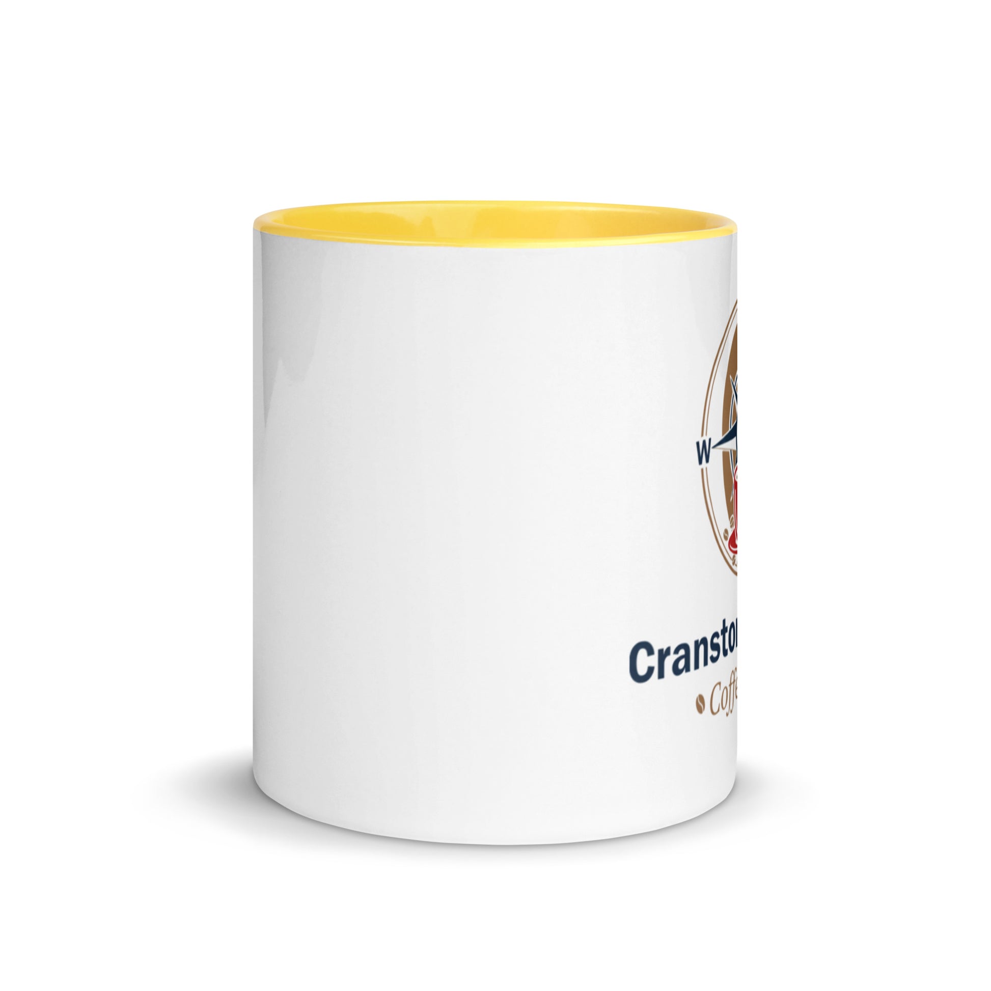 White ceramic mug with yellow interior, side view showing partial printed logo.