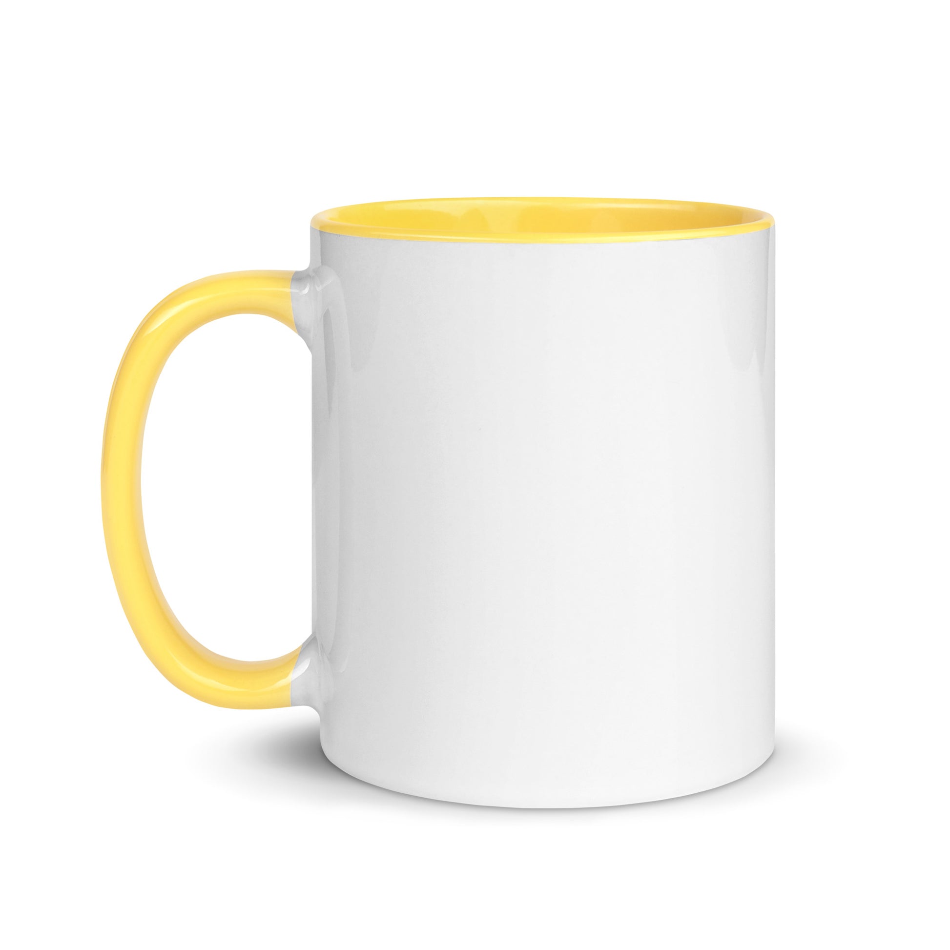 White ceramic mug with yellow interior and yellow handle, front angled view.