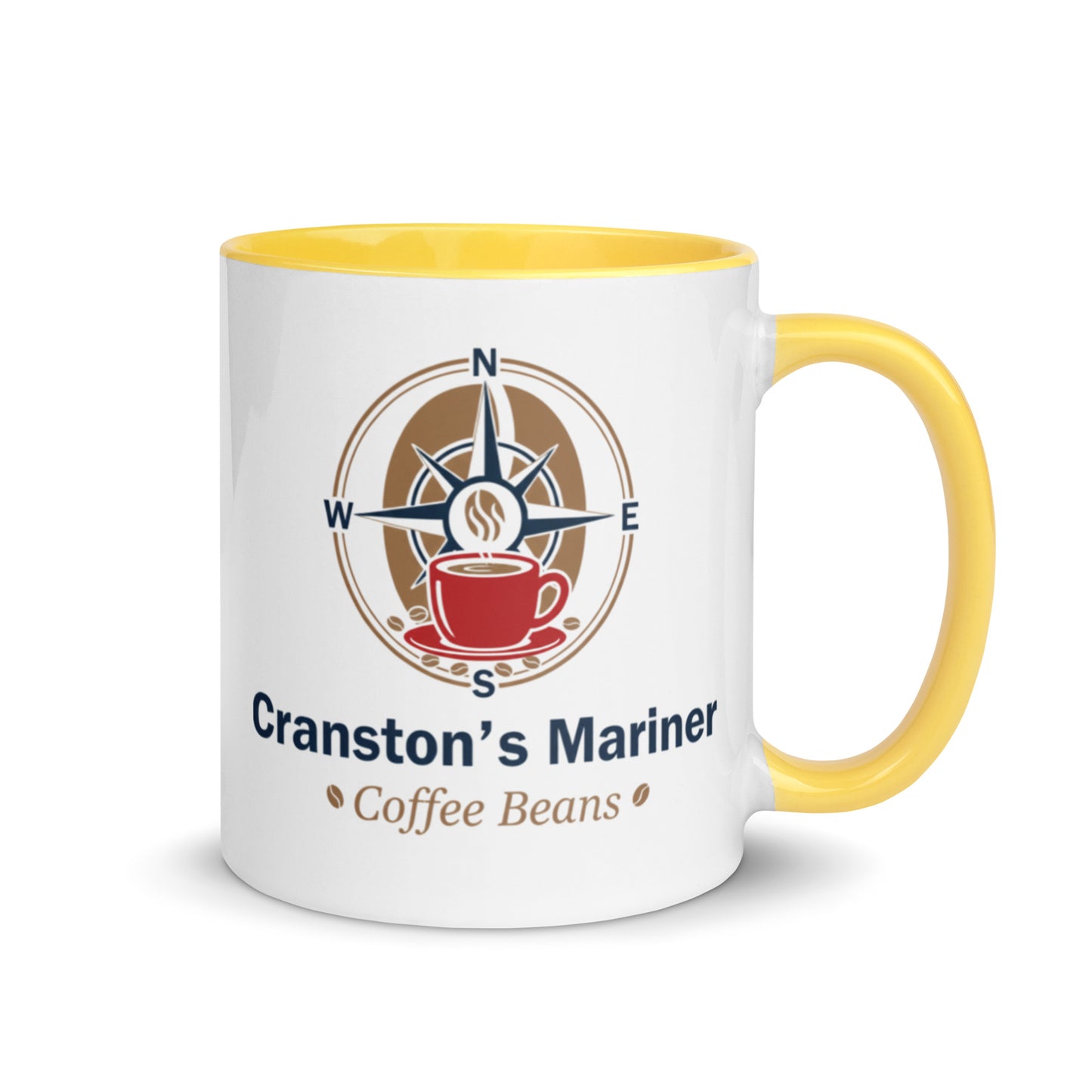 White ceramic mug with yellow interior and handle, front logo and text graphic.