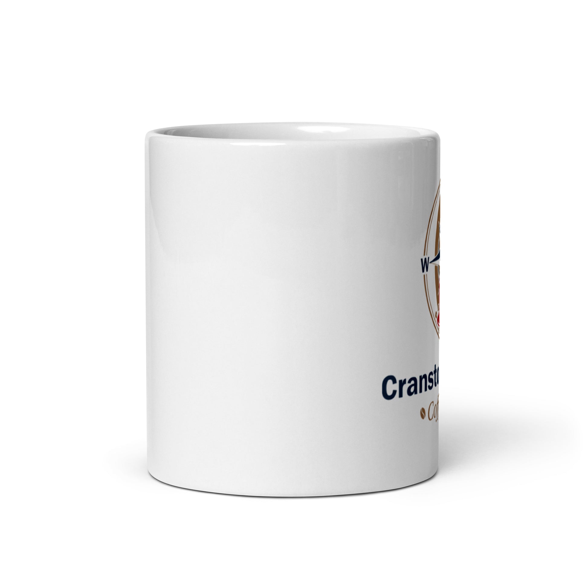 White glossy mug with partial side print and handle