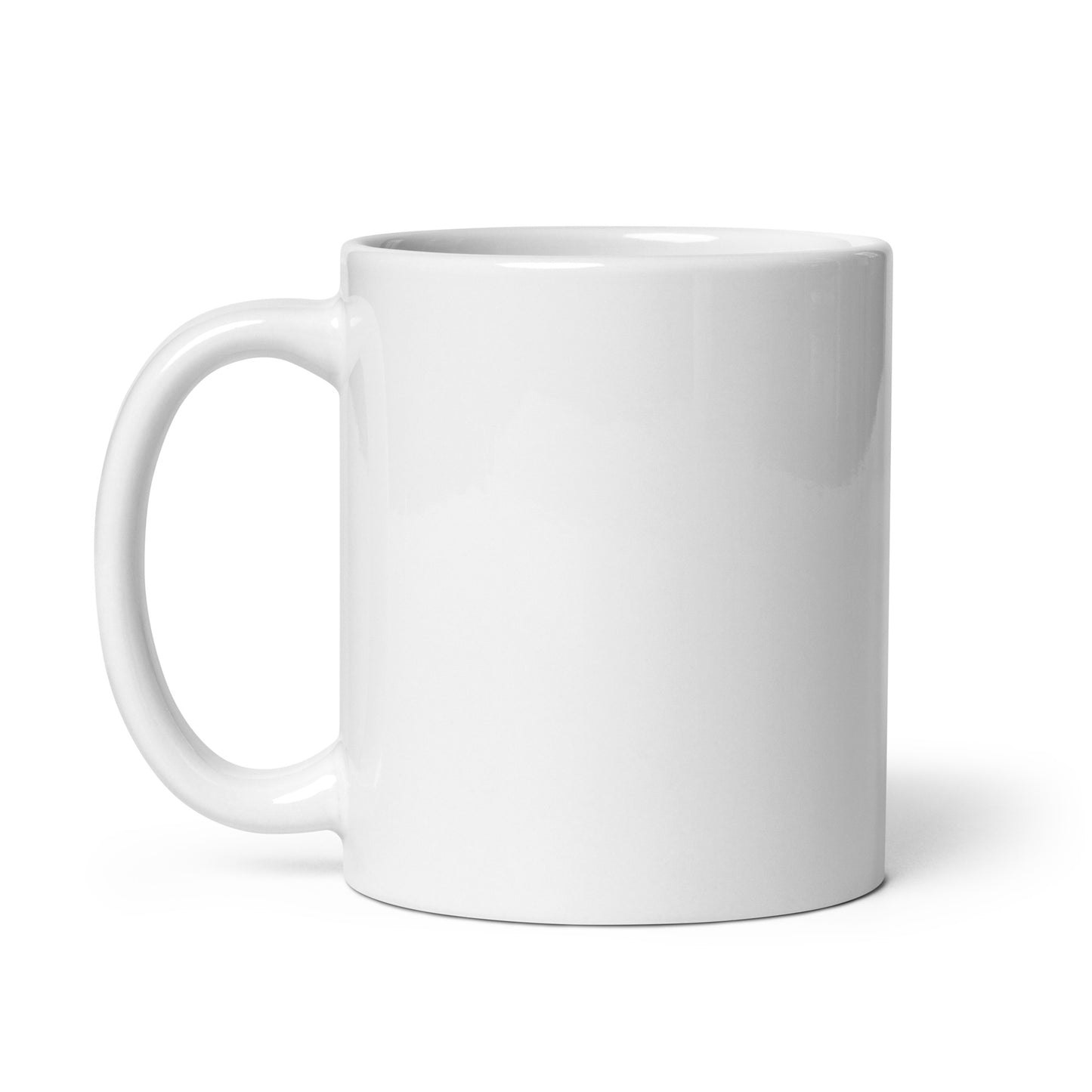 White glossy ceramic mug with C-shaped handle, plain front