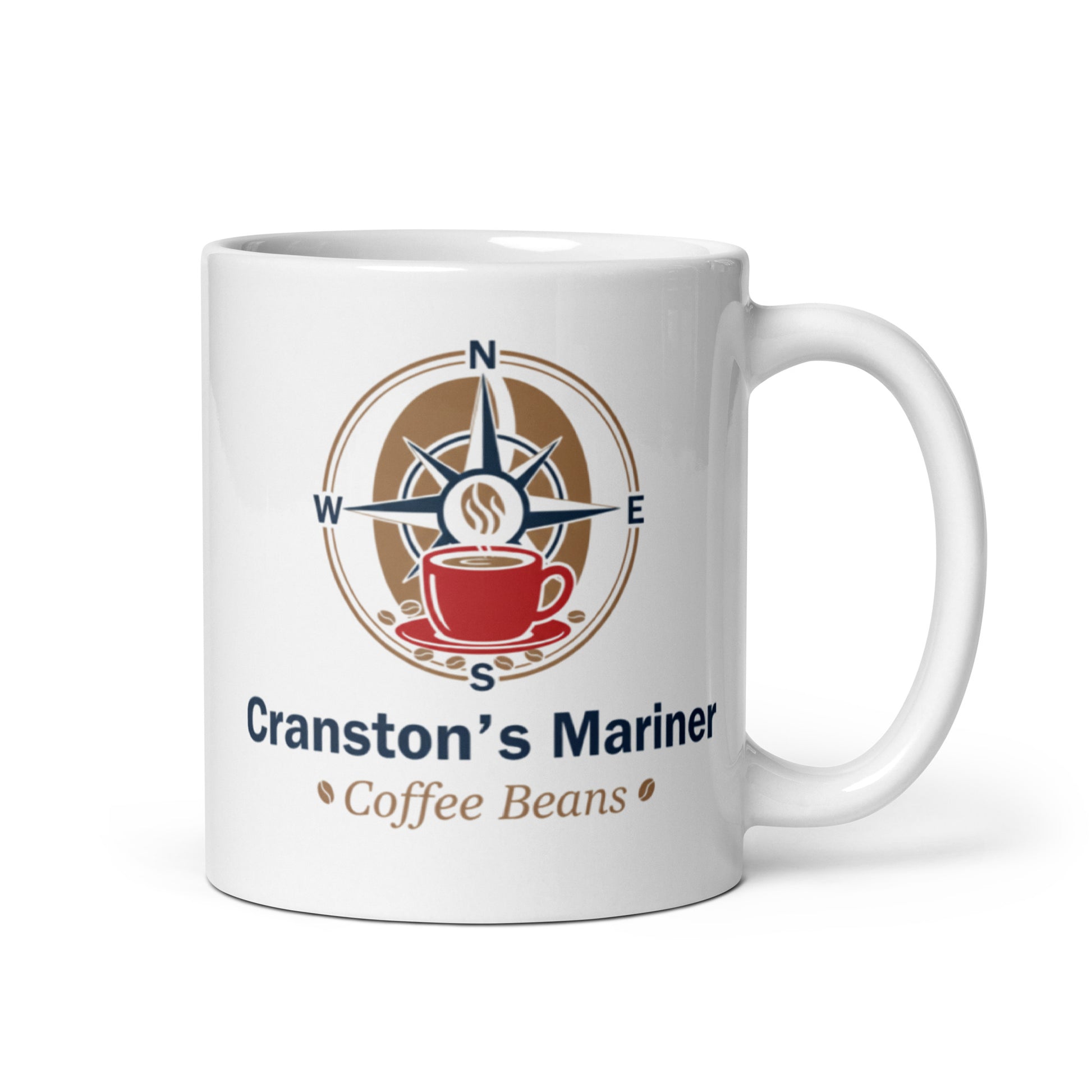 White glossy mug with compass-style logo and Mariner coffee text